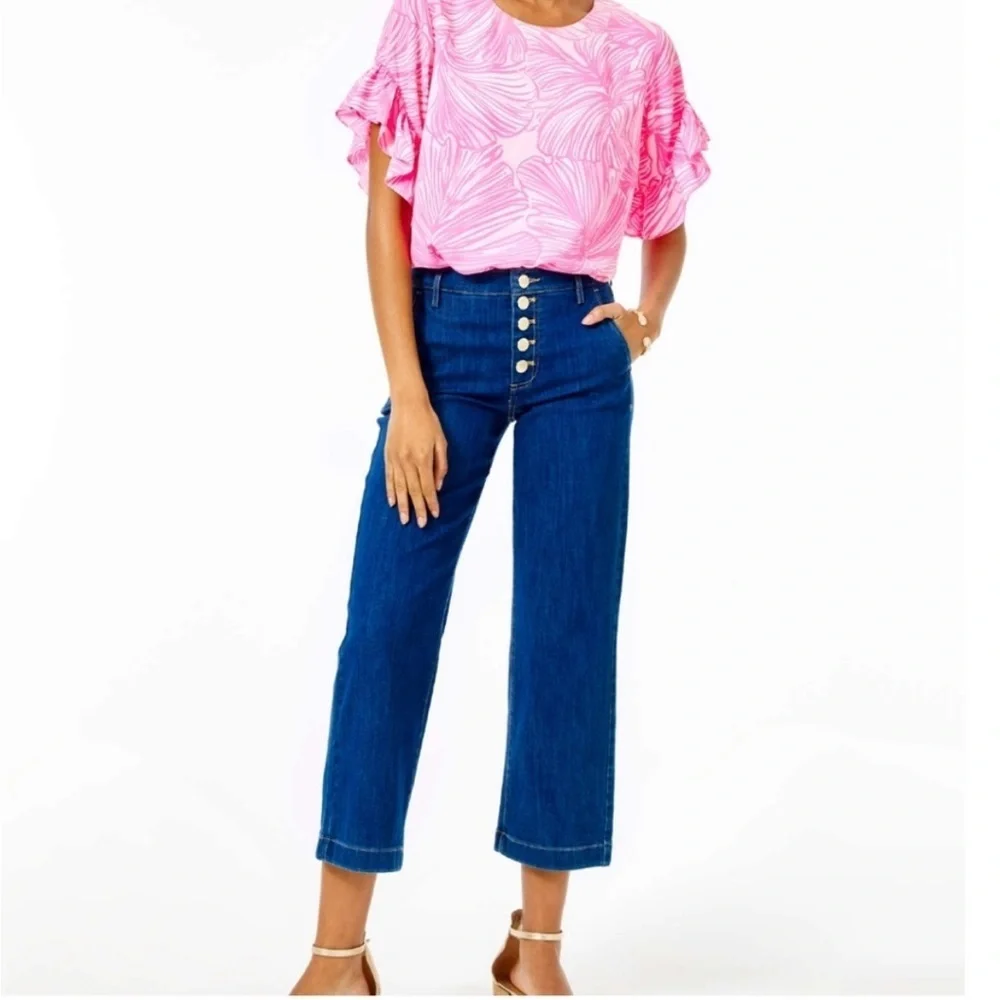 Lilly Pulitzer Aileen Blue High Rise Straight Denim Jeans Button Fly Size 0